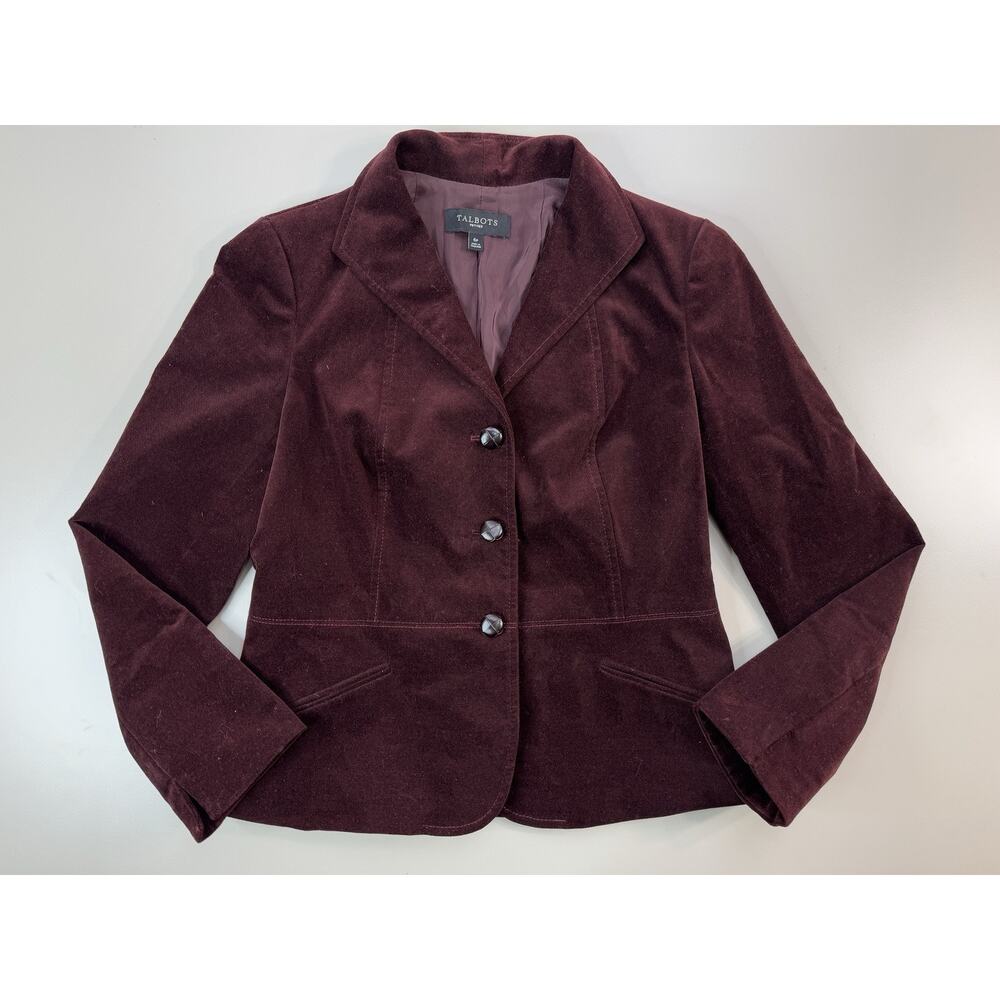 Talbots Womens Blazer Petite 6P Burgundy Velvet Peplum Classic Preppy Academia - Picture 2 of 13